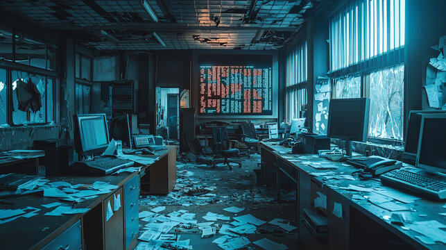 An abandoned office space, with empty desks, scattered papers, and a cracked stock market screen flickering, capturing the impact of economic downturn
