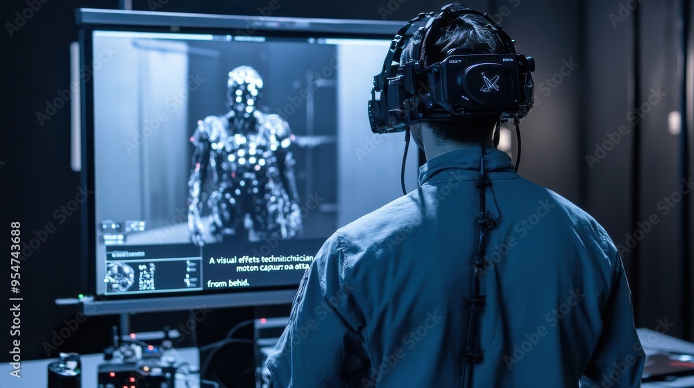 Poster immersive virtual reality experience in a dark lab setting