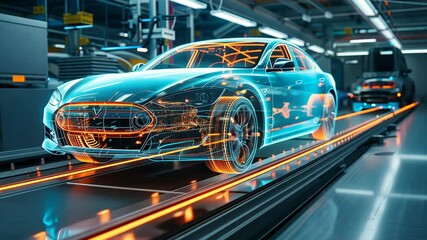 Exploring futuristic car manufacturing processes at a high-tech assembly line showcasing advanced automation and design