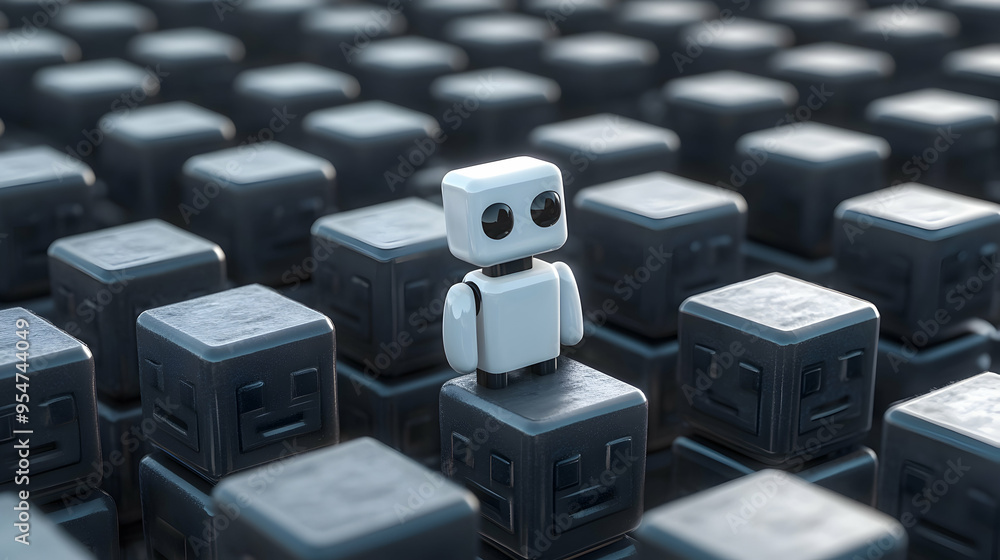 Poster unique white robot standing out in a crowd of identical cubes