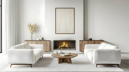 Two white sofas near fireplace against white wall with wooden cabinet and art poster. Scandinavian minimalist  home interior design of modern living room. Created with generative AI