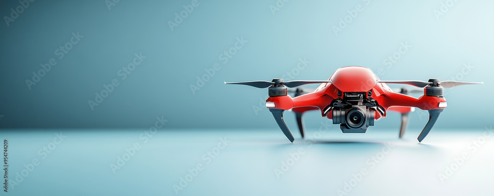 Poster close-up of a red drone with a camera hovering against a gradient background, showcasing modern aeri