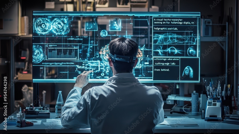 Poster futuristic technology interface, man interacting with advanced digital display