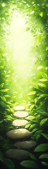 Fototapeta premium A green forest with a path of stones leading through it. The path is surrounded by lush green leaves and the sunlight is shining through the trees