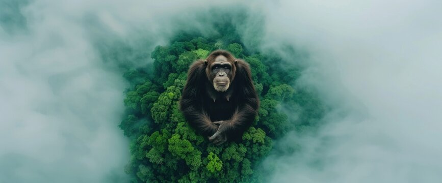 Drone shot of a Gigantopithecus in a dense forest, copy space, natural lighting