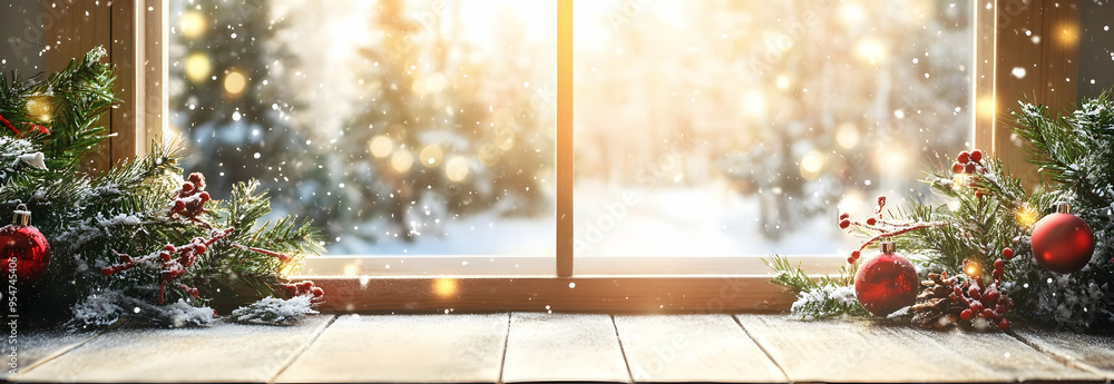 Poster Winter window landscape and empty xmas table with blurred background