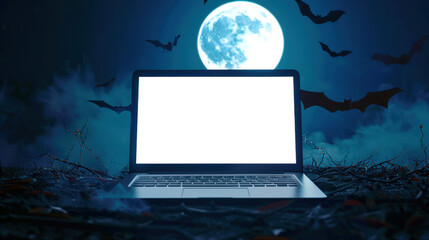 On a dark night, an open laptop stands on the cemetery ground with an empty white screen against a background of bats and a full moon. Laptop mockup. The scene is creepy and mysterious