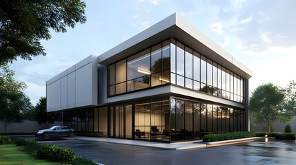 Fototapeta premium two story modern small industrial minimalist design office building, incorporate glass elements
