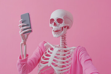 A woman skeleton takes a selfie on a pink background and smiles. Generated by artificial intelligence