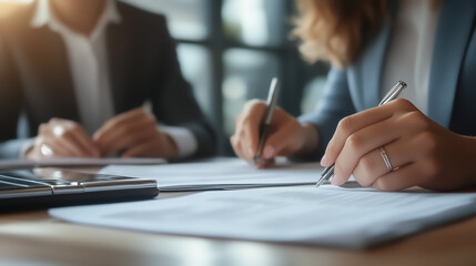 Hands of business people working on documents around a table, capturing a collaborative work environment.