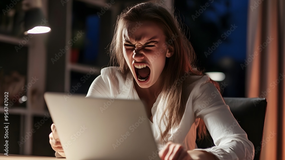 Sticker A young woman screams in frustration as she looks at her laptop.