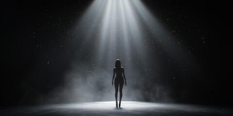 A young dancer stands alone in the spotlight on a dark stage, surrounded by mist and stars, embodying the spirit of performance and elegance.