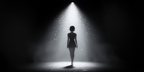 A lone dancer is illuminated by a spotlight in the midst of a dark, misty stage, capturing the intensity and emotion of her performance.