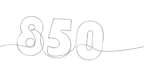 A single line drawing of a eight hundred and fifty symbol. Continuous line eight hundred and fiftieth number icon. One line icon. Vector illustration.