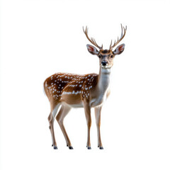 Obraz premium Spotted deer standing on a white background, isolated, ideal for wildlife, animal, or nature-related projects and designs.