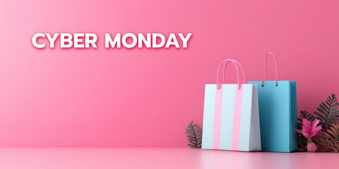 Colorful shopping bags against a pink background, perfect for Cyber Monday promotions and online sales.