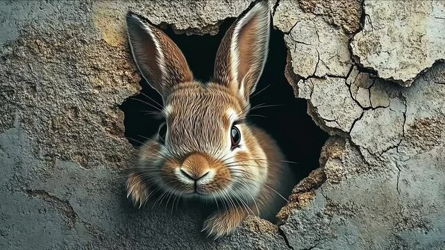 Cute rabbit. Easter bunny poster peeking out of a hole in the wall, rabbit jumps out of a torn hole