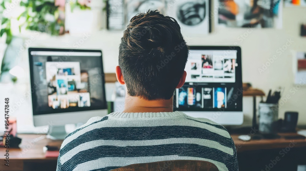 Poster man browsing computer screens in creative office space