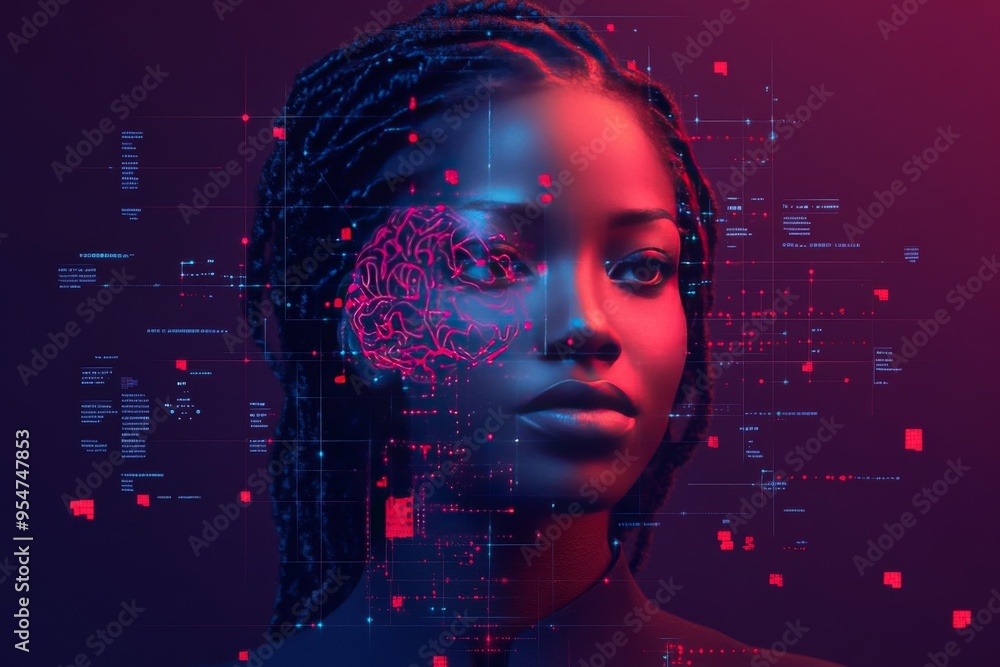 Poster cognitive biases decision making woman with a digital brain overlay symbolizing the fusion of human 