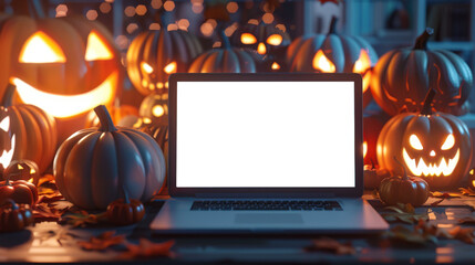 Laptop mockup. There is an open stylish modern fashionable laptop on the table, and around it is a bunch of scary Halloween illuminated pumpkins.
