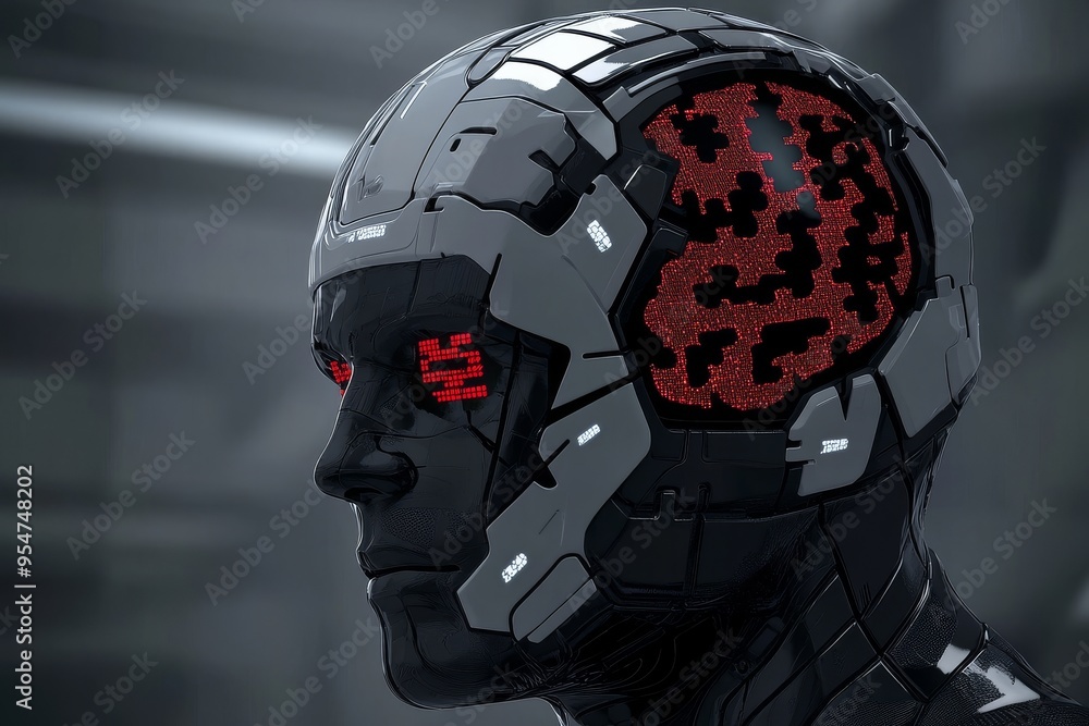 Poster unconscious mind decision making robotic head with red puzzle pieces symbolizing the intersection of