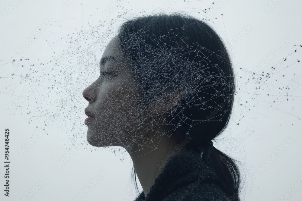 Poster cognitive dissonance decision making profile of a woman dissolving into digital particles representi