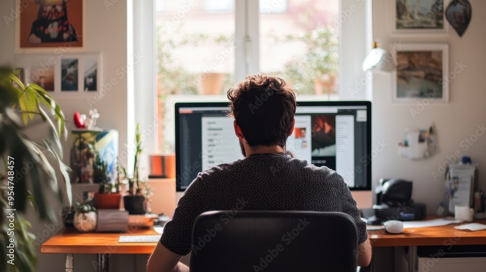 Poster focused programmer working in home office