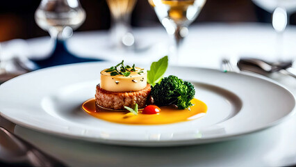 Gourmet plated desserts, each featuring fresh ingredients like berries, citrus, and herbs. The dishes are served in an elegant restaurant setting