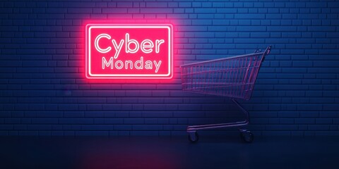 Vibrant Cyber Monday neon sign with shopping cart, representing online shopping and retail promotions in a modern setting.