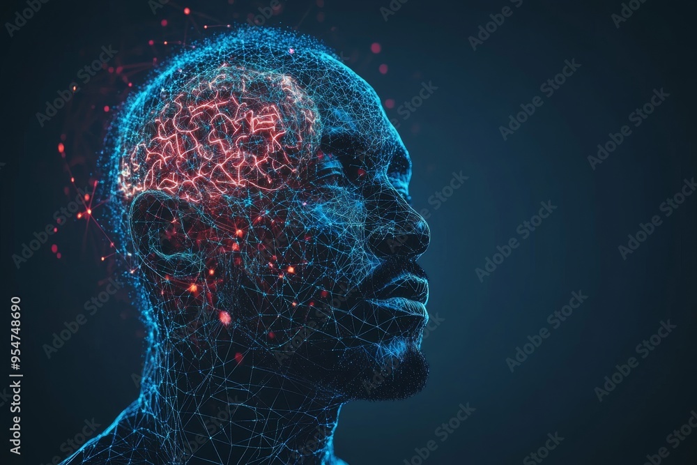 Poster psychodynamic theory decision making man with glowing neural network on his head symbolizing the pow