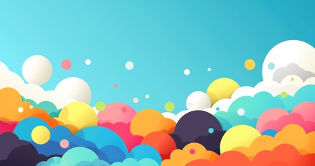 A vibrant abstract illustration featuring colorful clouds against a bright blue sky, creating a playful and cheerful atmosphere.