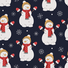 Seamless pattern with snowmen and snowflakes. Vector holiday texture in flat style. Suitable for wallpaper, wrapping paper, fabric, etc