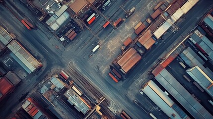 Aerial view of a shipping container yard with rows of containers.