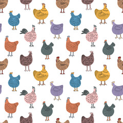Seamless pattern with hand drawn chicken illustration on white background.