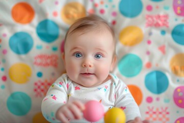 Fototapeta premium A playful baby with bright, curious eyes, reaching for a colorful rattle, surrounded by a backdrop of whimsical geometric shapes and playful dots.