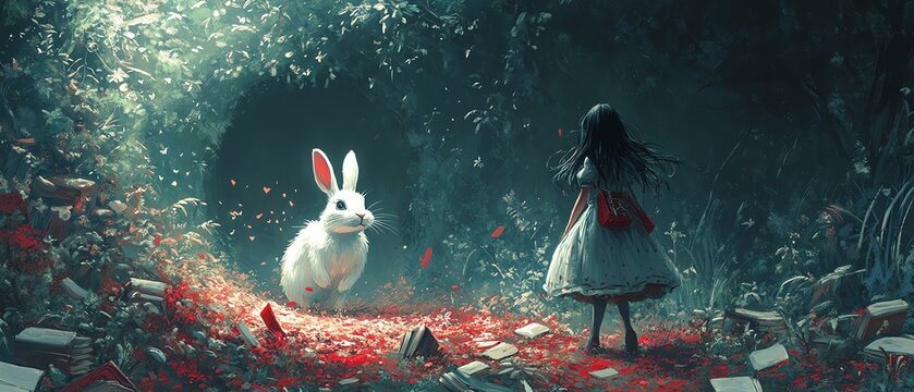 Design a scene where Alice from Wonderland chases a white rabbit into a rabbit hole, with books scattered along the path as breadcrumbs