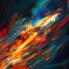 Abstract digital art of a rocket ascending, symbolizing startup growth, bright colors, dynamic lines