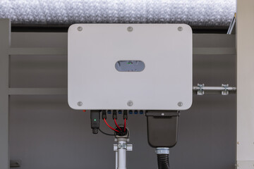 Inverter solar panel in electrical room. Electrical control cabinet of solar cell PV grid tile...