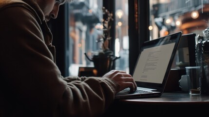 Obraz premium Focused Worker Typing on Laptop in Cozy Cafe Setting