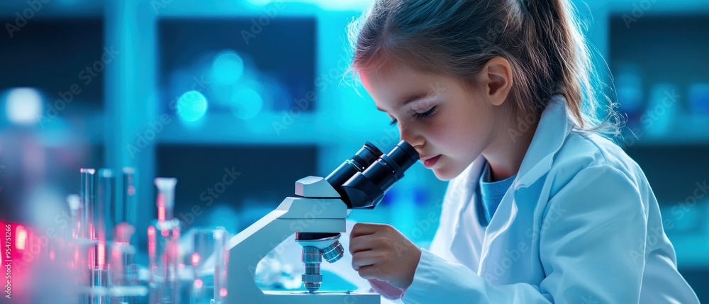 Poster young girl in lab coat using microscope in science class