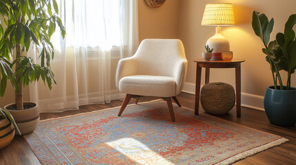 Cozy Scandinavian living room interior with modern armchair, warm lighting, potted plants, and vintage rug near sunlit window creating a serene atmosphere