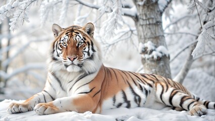 Obraz premium Regal Amur tiger on the background of nature.Banner on the theme of protection and conservation of rare animals.Wild beautiful animal and free space