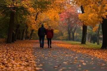 Obraz premium Thanksgiving Day Walk: A family or couple taking a leisurely walk through a park with vibrant autumn colors. They are dressed warmly, and the leaves are falling gently around them, symbolizing the pea
