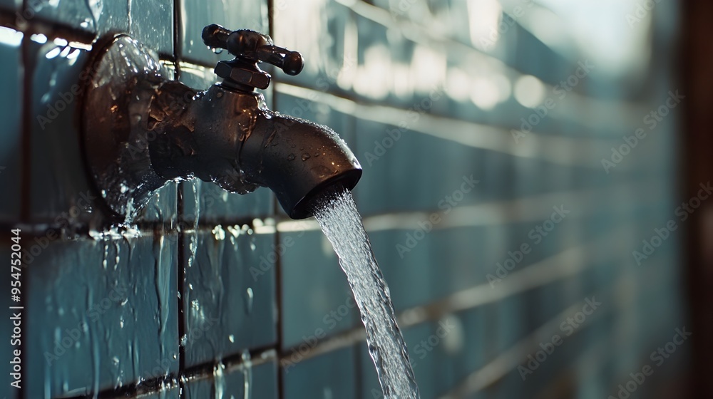 Poster closeup view of water gushing rapidly from a metallic faucet fixture in a public restroom the dynami