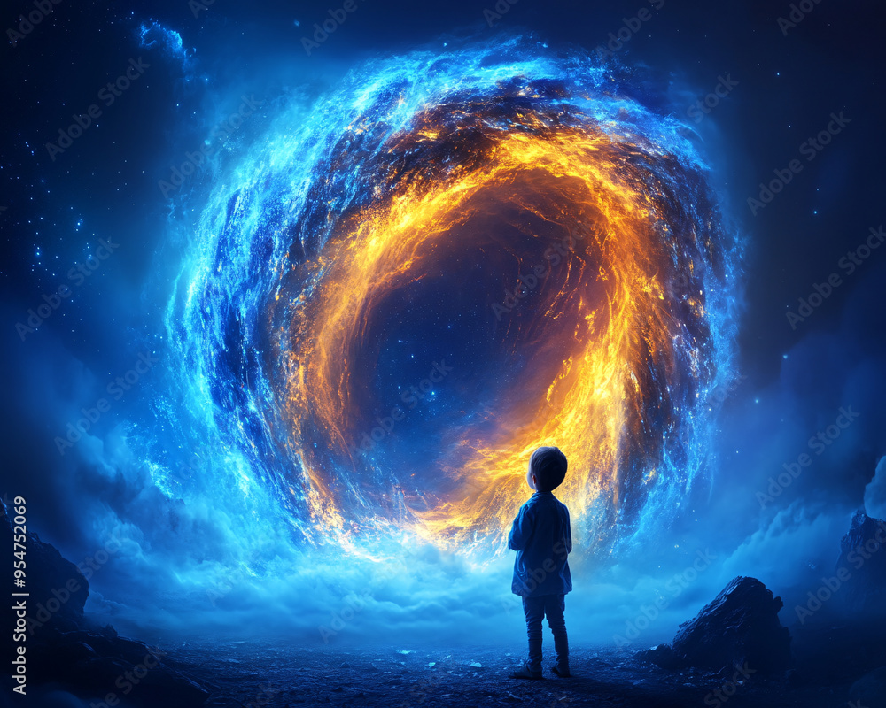 Sticker a child stands in front of a large blue and orange hole in the sky. the child appears to be looking 