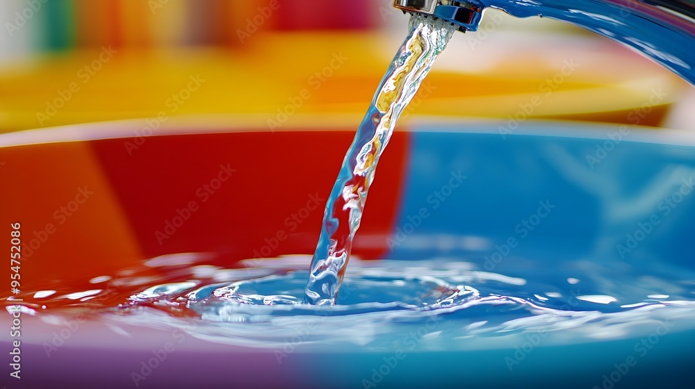Poster closeup view of crystal clear water flowing from a metal faucet into a vibrant patterned sink basin 