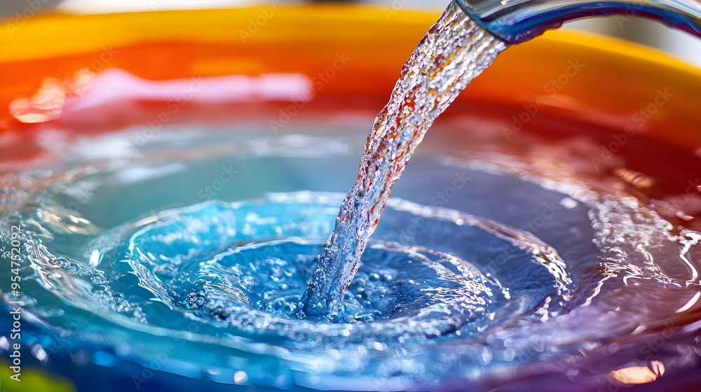 Poster closeup shot of a water stream flowing from a faucet into a brightly colored ceramic sink creating a