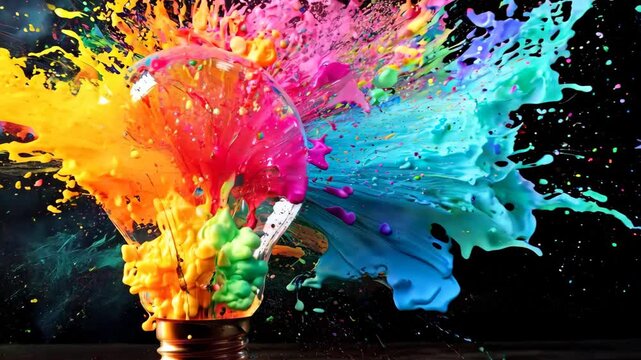 Creative light bulb explodes with colorful paint and colors. New idea, brainstorming concept. 