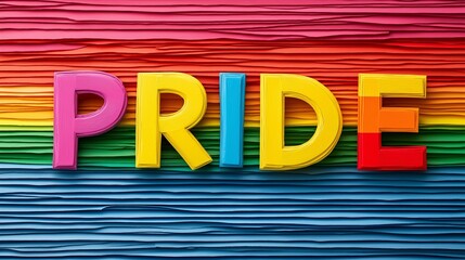Obraz premium Pride is written in rainbow colors on a colorful background. The rainbow colors and the word 