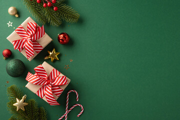 Beautifully wrapped Christmas gifts with red ribbon, festive ornaments, and pine branches on a...